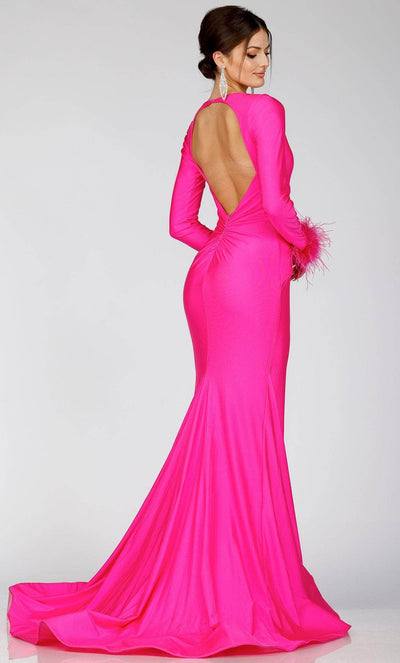 Terani Couture 231P0074 - Long Sleeve Feathered Detailed Evening Gown Special Occasion Dress