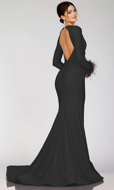 Terani Couture 231P0074 - Long Sleeve Feathered Detailed Evening Gown Special Occasion Dress
