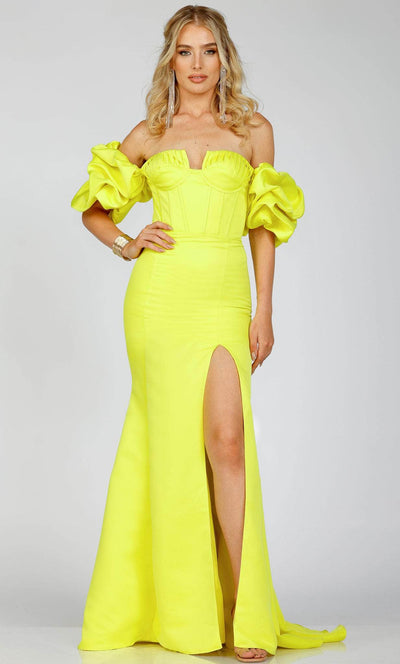 Terani Couture 231P0181 - Off-Shoulder Ruffled Sleeve Prom Gown Special Occasion Dress 00 / Citrine