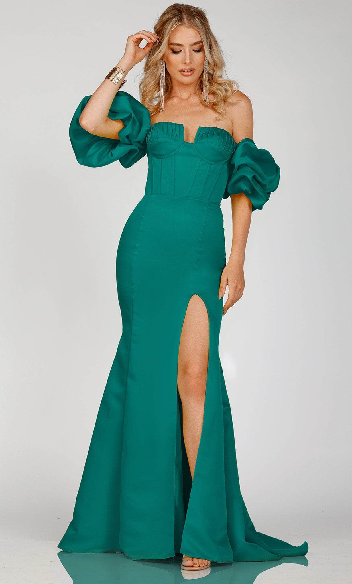 Terani Couture 231P0181 - Off-Shoulder Ruffled Sleeve Prom Gown Special Occasion Dress 00 / Emerald
