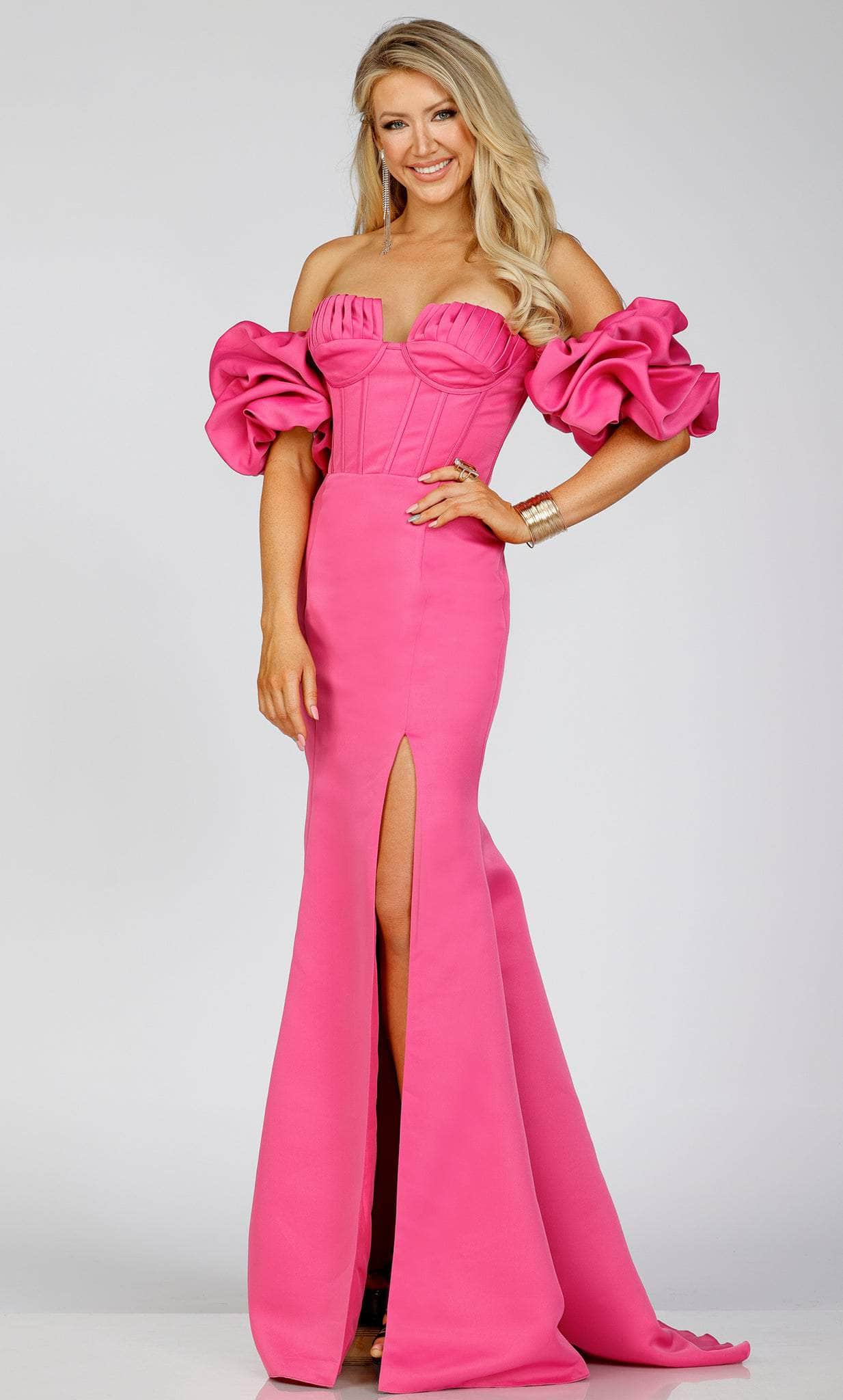 Terani Couture 231P0181 - Off-Shoulder Ruffled Sleeve Prom Gown Special Occasion Dress 00 / Fuchsia