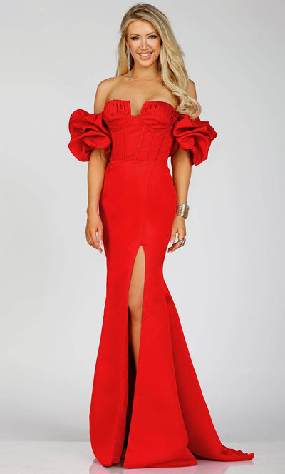 Terani Couture 231P0181 - Off-Shoulder Ruffled Sleeve Prom Gown Special Occasion Dress 00 / Red