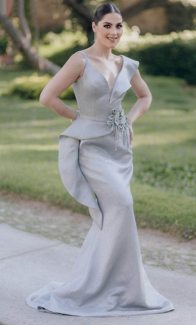 Terani Couture 232E1297 - Plunging V-Neck Brocade Evening Gown Special Occasion Dress 00 / Silver