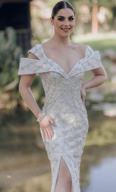 Terani Couture 232GL1466 - Geometric Beaded V-Neck Evening Gown Special Occasion Dress