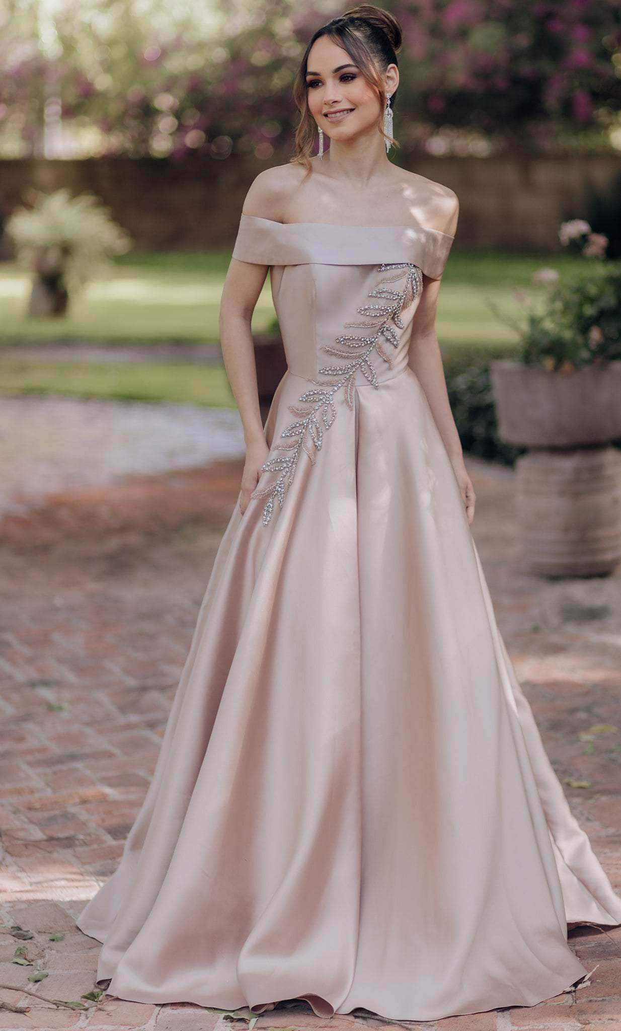 Terani Couture 232M1512 - Off-Shoulder Embellished Ballgown Special Occasion Dress 00 / Almond