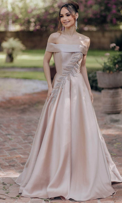Terani Couture 232M1512 - Off-Shoulder Embellished Ballgown Special Occasion Dress 00 / Almond