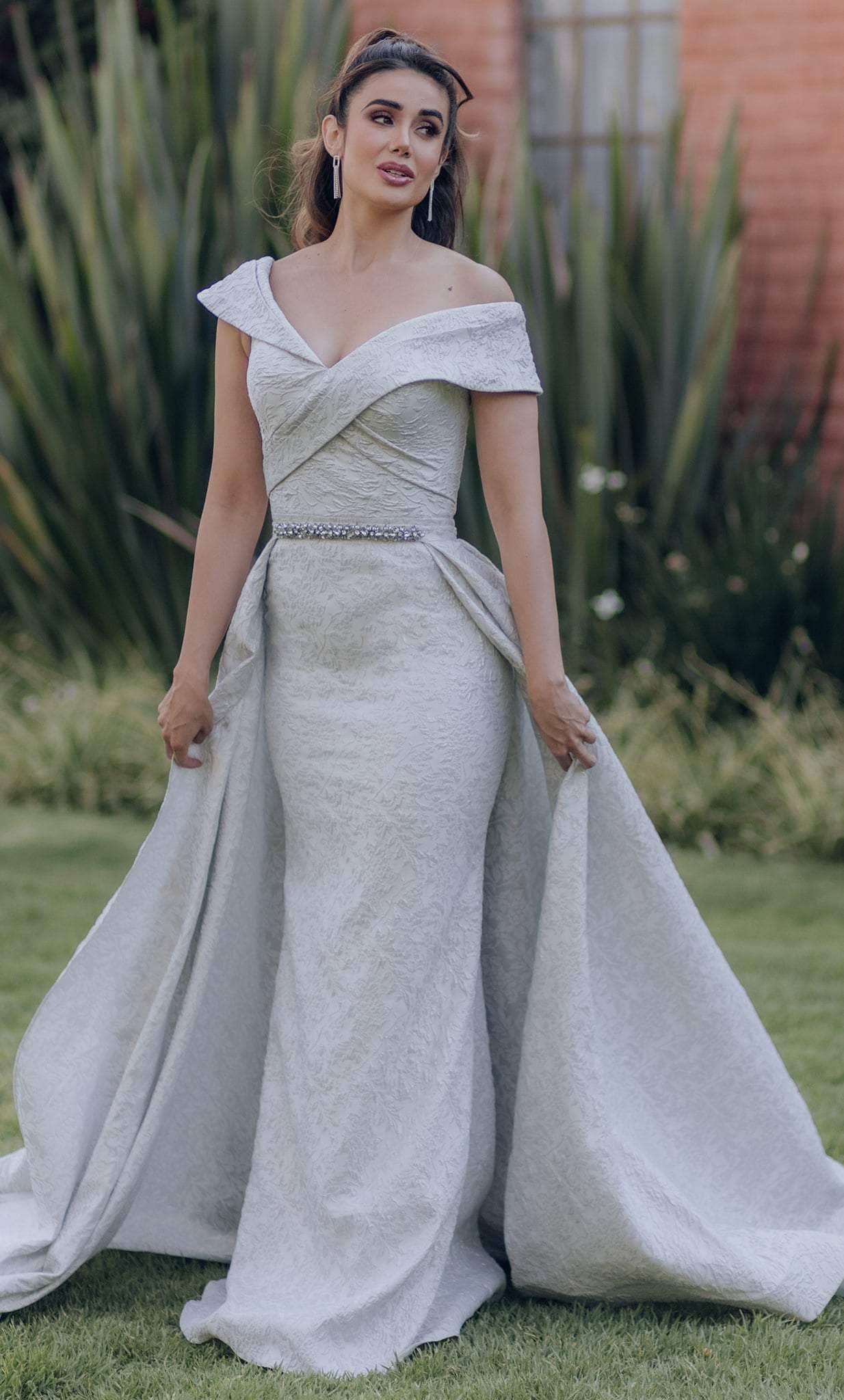 Terani Couture 232M1525 - Off Shoulder Brocade Evening Gown Special Occasion Dress 00 / Powder Blue