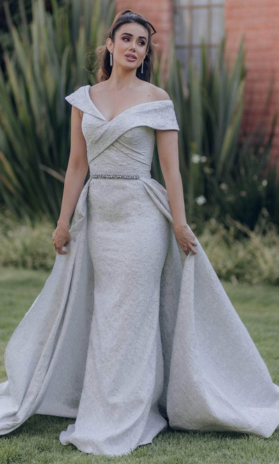 Terani Couture 232M1525 - Off Shoulder Brocade Evening Gown Special Occasion Dress 00 / Powder Blue