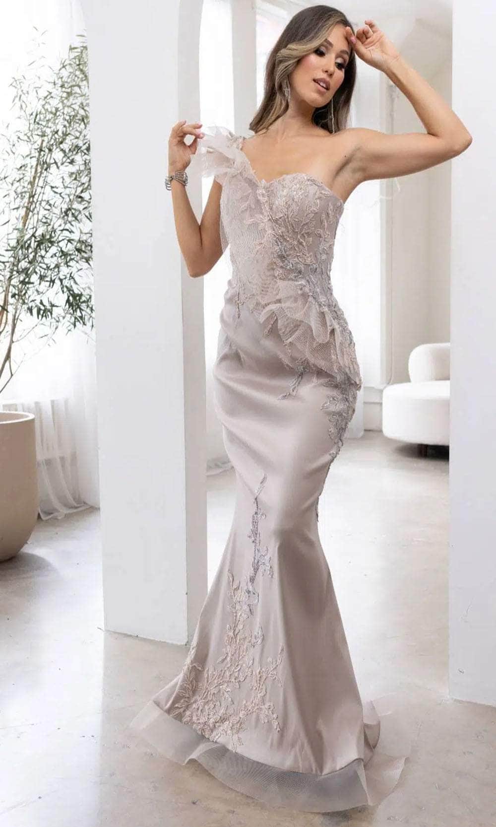 Terani Couture 241E2485 - One-Sleeve Embroidered Evening Dress Evening Dresses 00 / Taupe