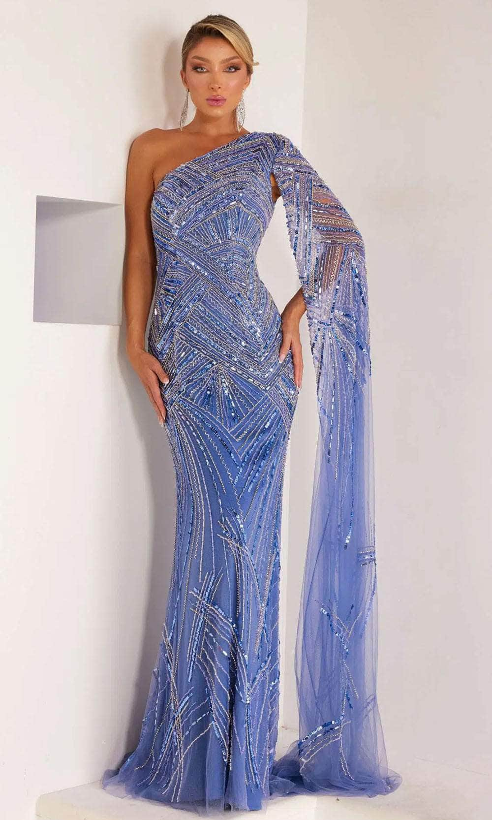 Terani Couture 241GL2634 - Sequined Asymmetric Evening Dress