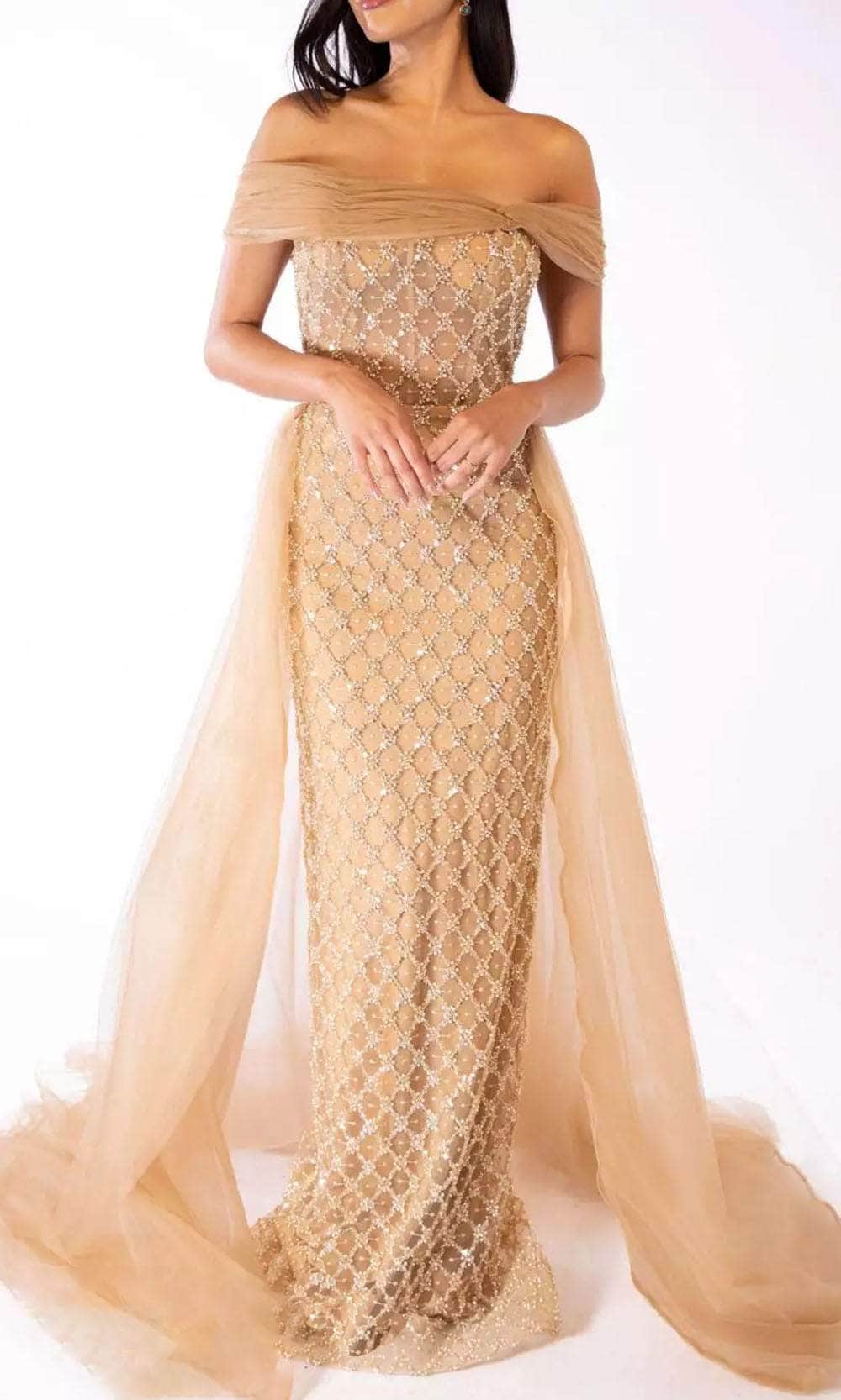 Terani Couture 241M2706 - Off-Shoulder Beaded Evening Dress Evening Dresses 00 / Champagne