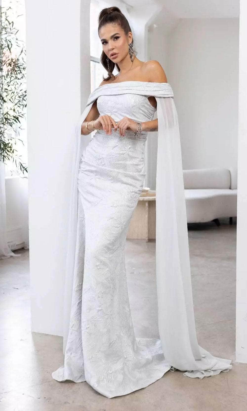 Terani Couture 241M2721 - Embroidered Pleated Off-Shoulder Prom Dress Prom Dresses 00 / Silver