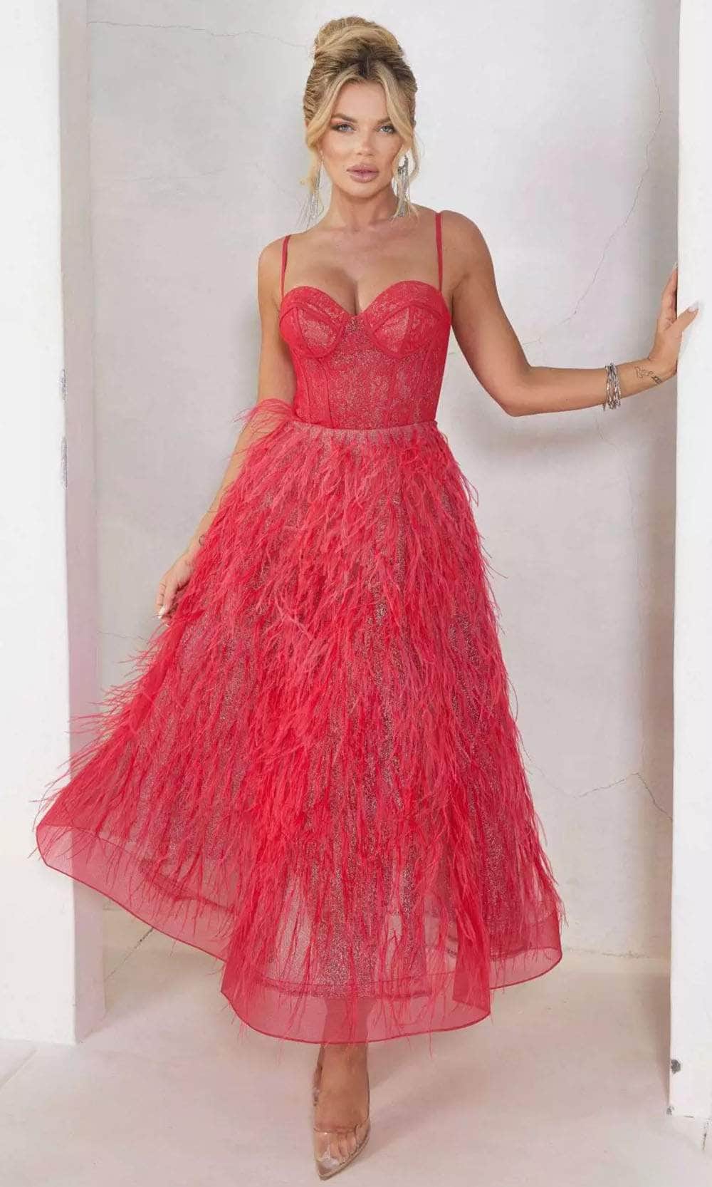 Terani Couture 241P2022 - Feather Corset Prom Dress Prom Dresses 00 / Red