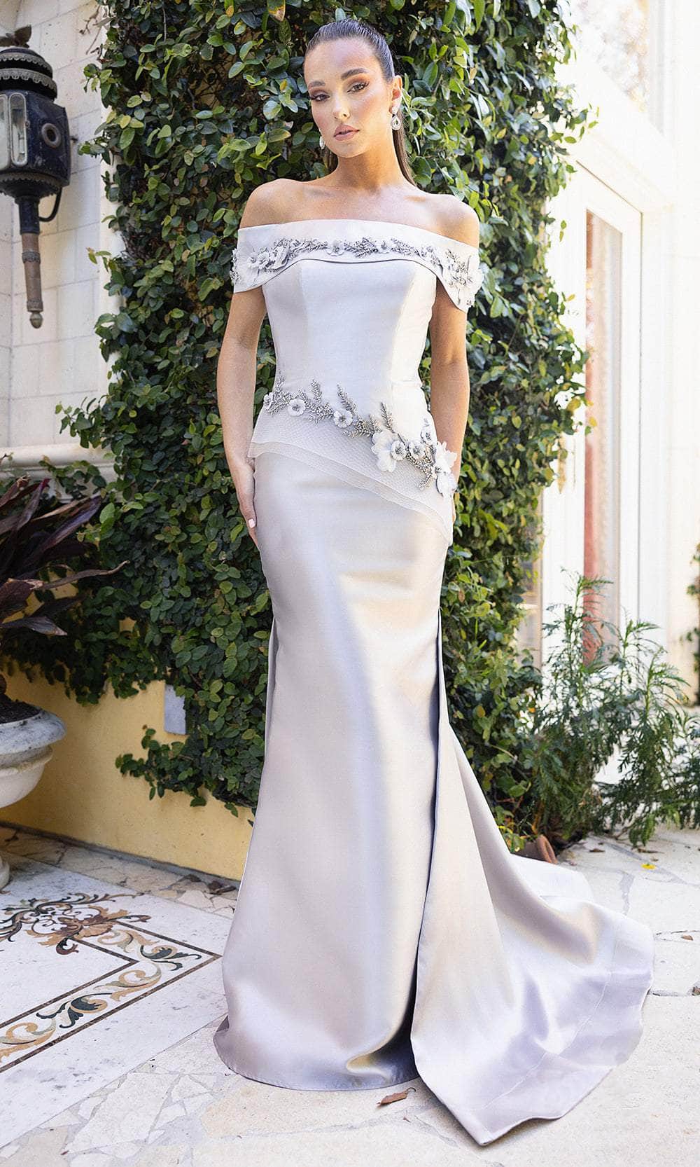 Terani Couture 242M3356 - Floral Applique Off Shoulder Evening Gown Evening Dresses 00 / Silver Taupe