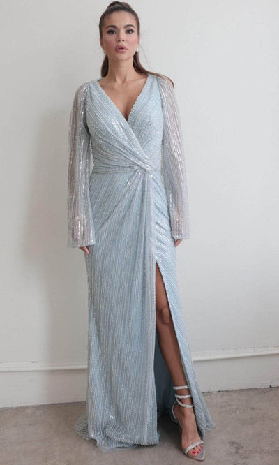 Terani Couture 242M3360 - Sequined Long Bell Sleeve Evening Gown Mother Of The Bride Dresses 00 / Powder Blue