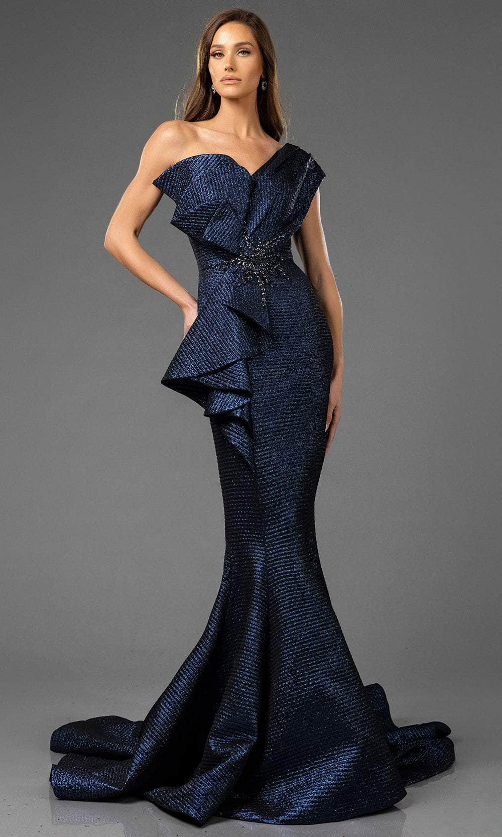 Terani Couture 251E4201 - Ruffled Peplum Jacquard Evening Gown Evening Dresses 00 / Navy