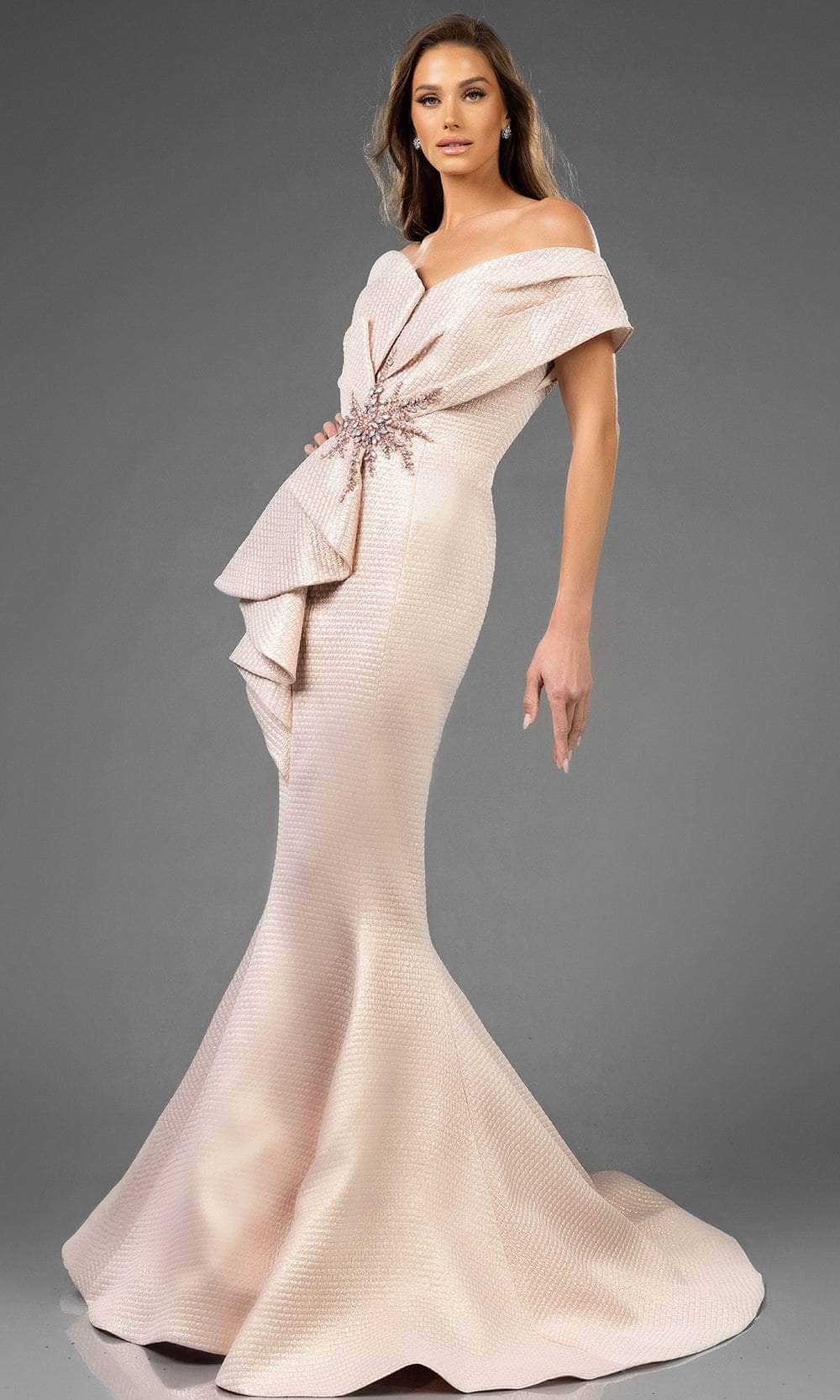 Terani Couture 251E4201 - Ruffled Peplum Jacquard Evening Gown Evening Dresses 00 / Rose Gold