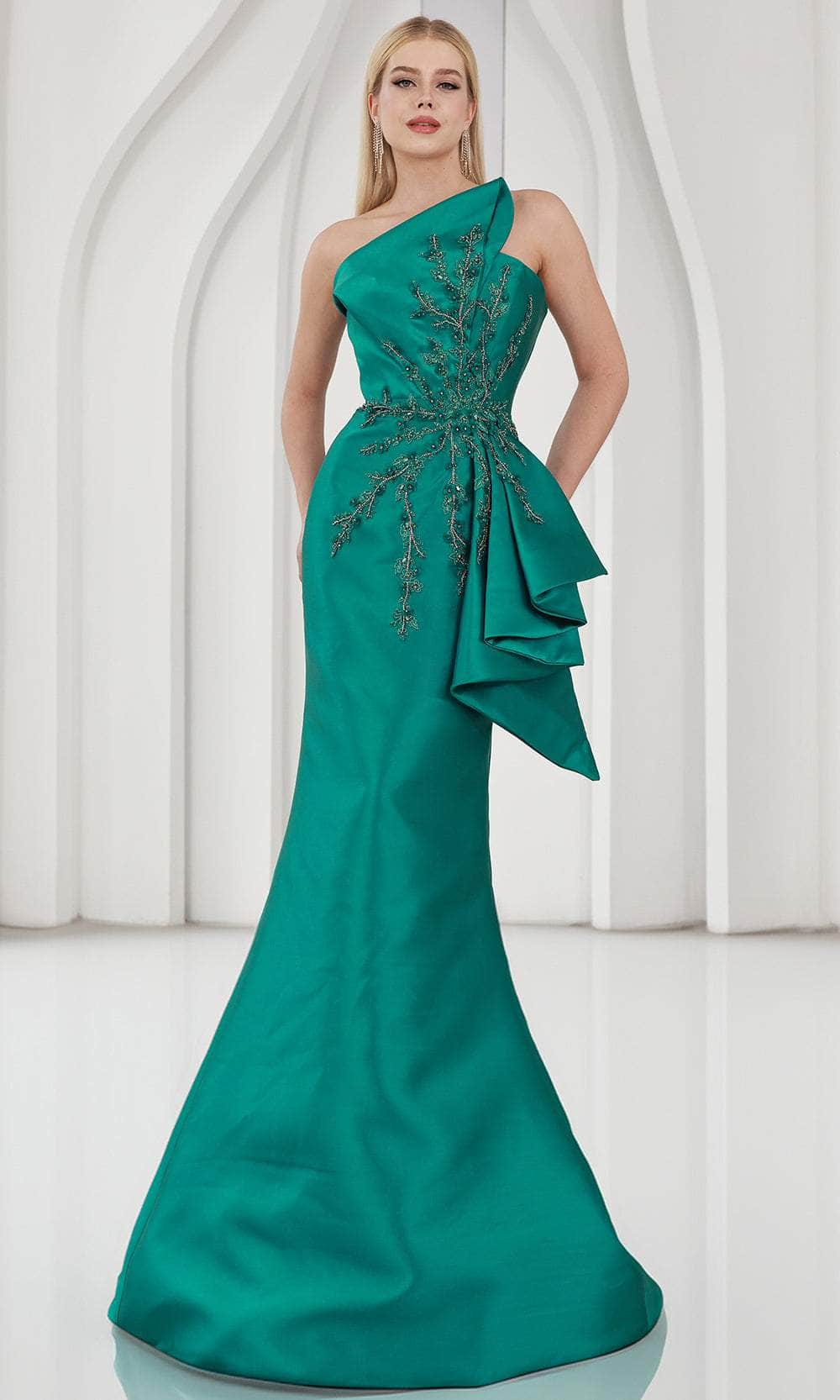 Terani Couture 251E4265 - Long Mikado Mermaid Dress - Strapless, Pleated Peplum, Beaded, Floral Lace Appliques, Mid-Open Back, Concealed Back Zipper, Terani Couture 251E4265 - Long Mikado Mermaid Dress - Strapless, Pleated Peplum, Beaded, Floral Lace Appliques, Mid-Open Back, Concealed Back Zipper,