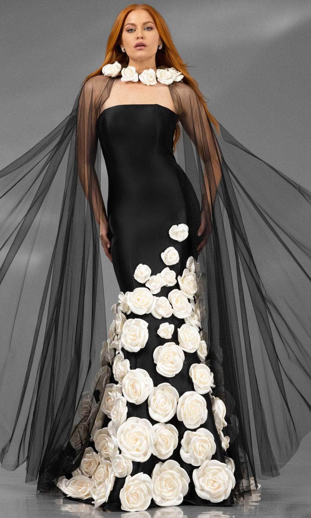 Terani Couture 251GL4184 - Floral Appliqued Straight Neck Evening Gown Evening Dresses 00 / Black Ivory