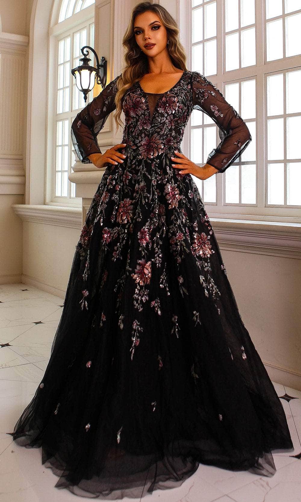 Terani Couture 251M4408 - Sheer Sleeve Floral Beaded Ballgown Mother of the Bride Dresses 00 / Black Multi