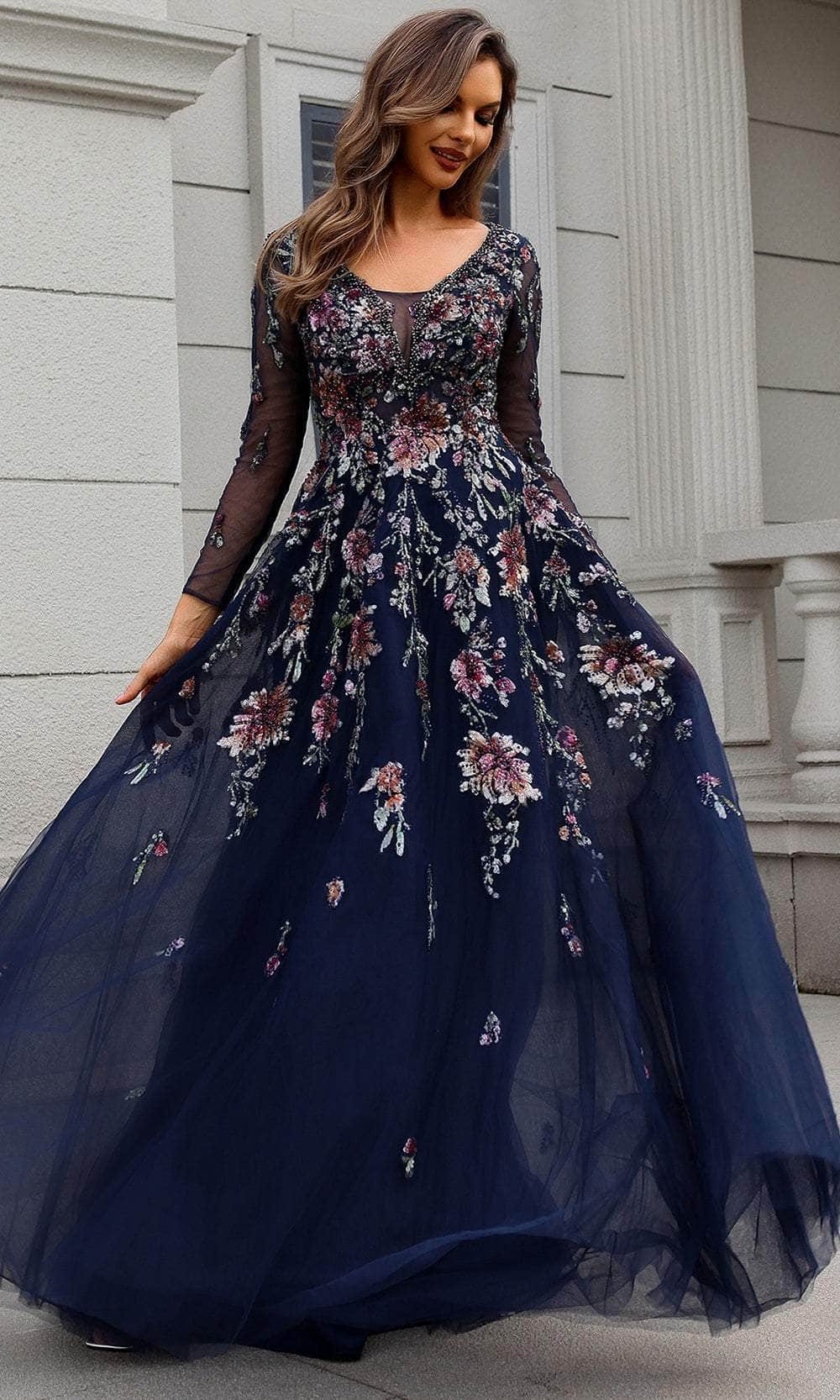 Terani Couture 251M4408 - Sheer Sleeve Floral Beaded Ballgown Mother of the Bride Dresses 00 / Navy Multi