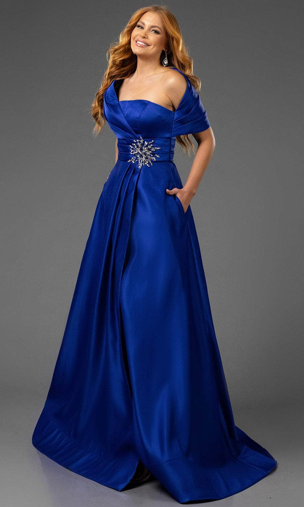 Terani Couture 251M4441 - One Sholder Pleated Waistband Evening Gown Mother of the Bride Dresses 00 / Royal