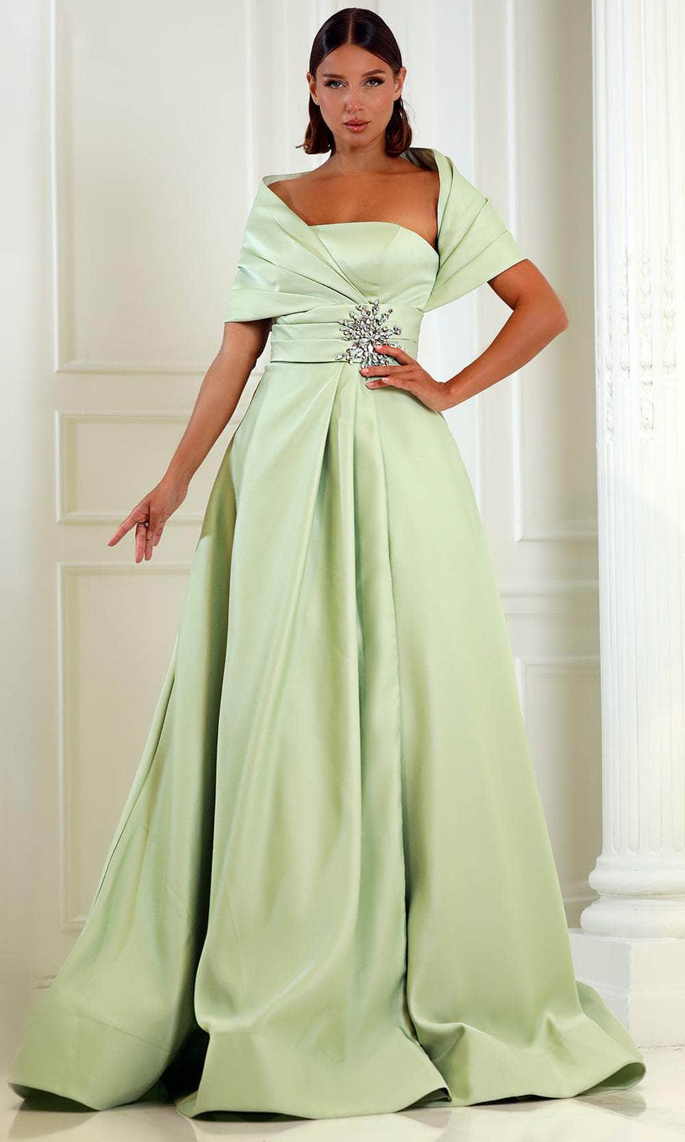 Terani Couture 251M4441 - One Sholder Pleated Waistband Evening Gown Mother of the Bride Dresses 00 / Sage