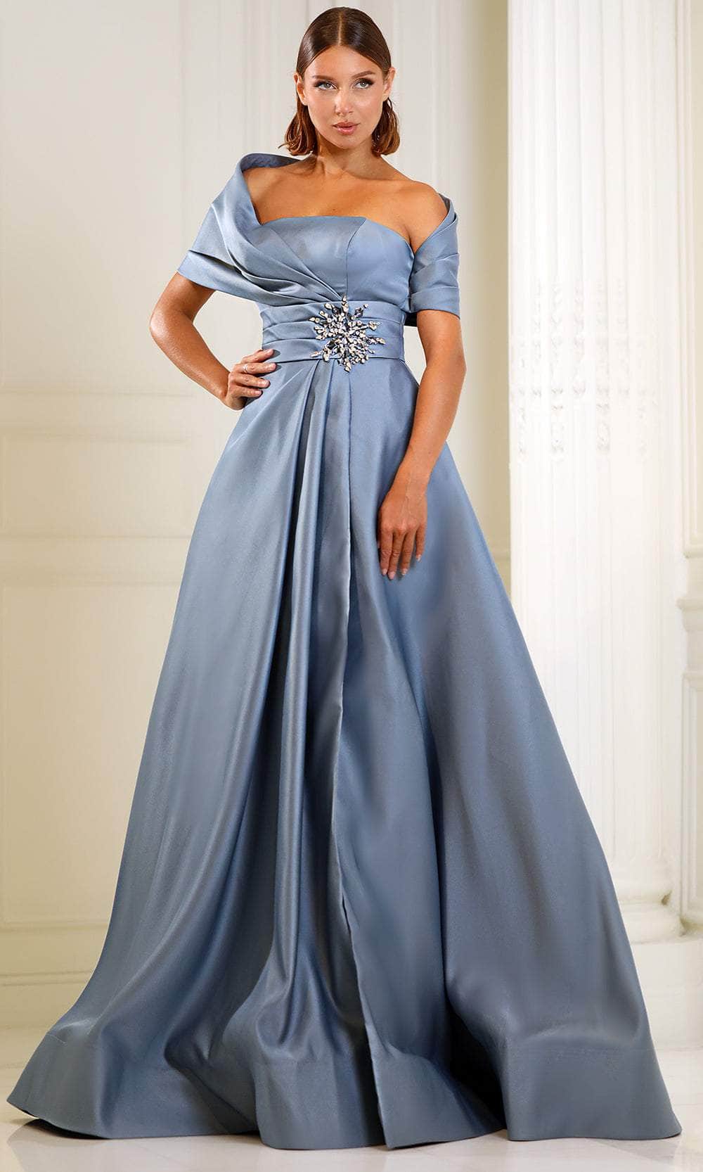 Terani Couture 251M4441 - One Sholder Pleated Waistband Evening Gown Mother of the Bride Dresses 00 / Slate