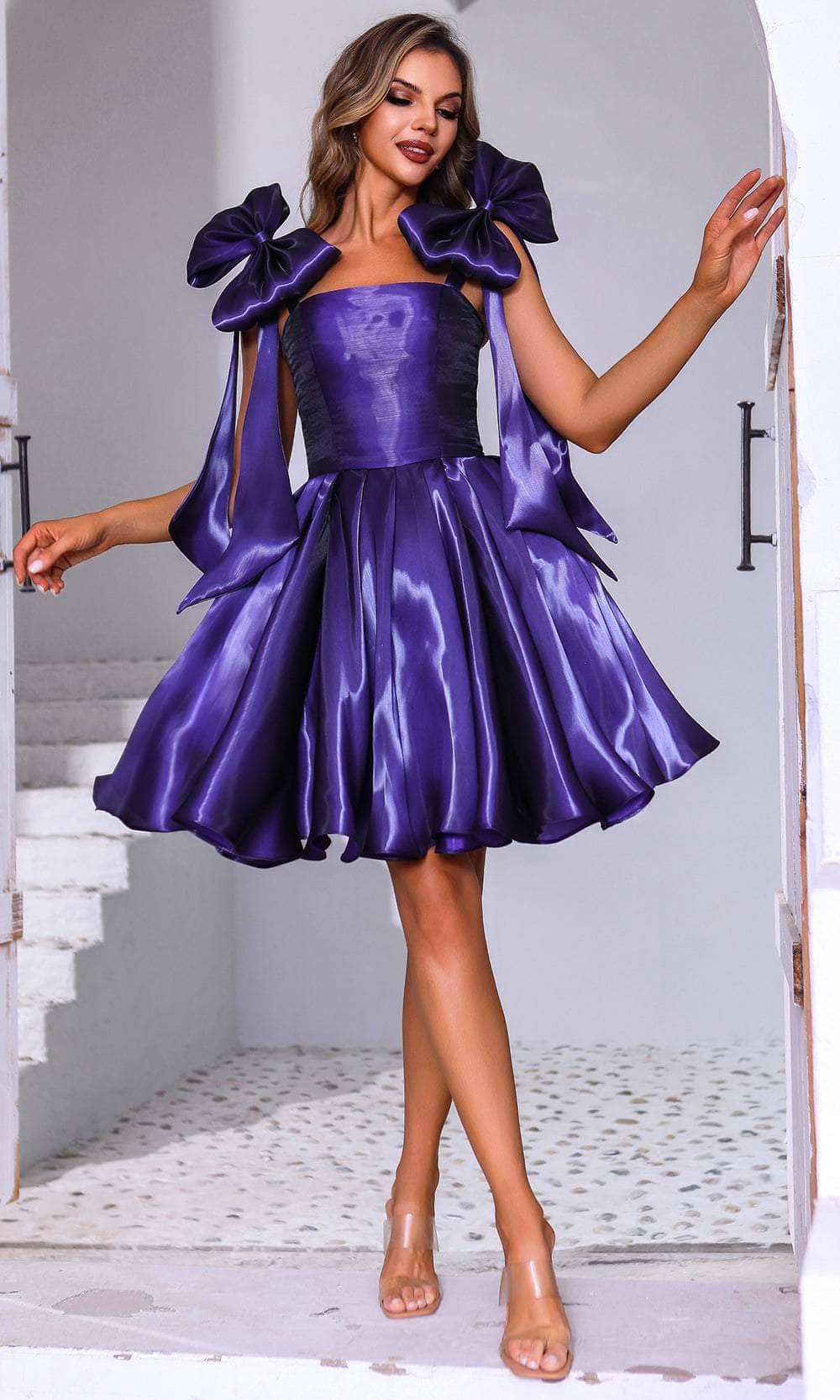 Terani Couture 251P4047 - Bow Accented Straps A-Line Cocktail Dress Cocktail Dresses 00 / Purple