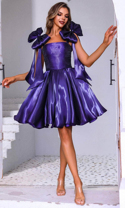 Terani Couture 251P4047 - Bow Accented Straps A-Line Cocktail Dress Cocktail Dresses 00 / Purple