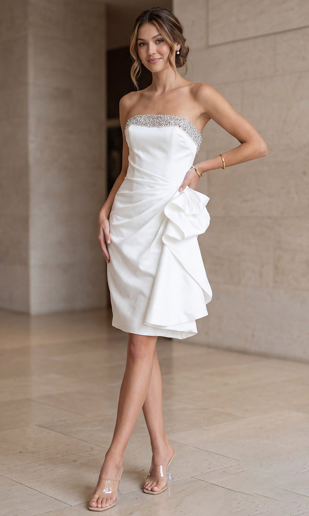 Terani Couture 252C5098 - Side Ruffle Straight Neck Bodycon Dress