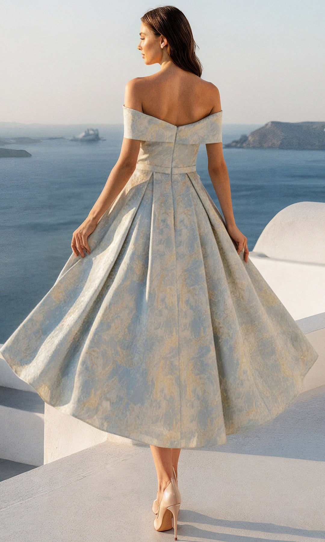 Terani Couture 261C6515 Tea-Length Pleated Jacquard Dress