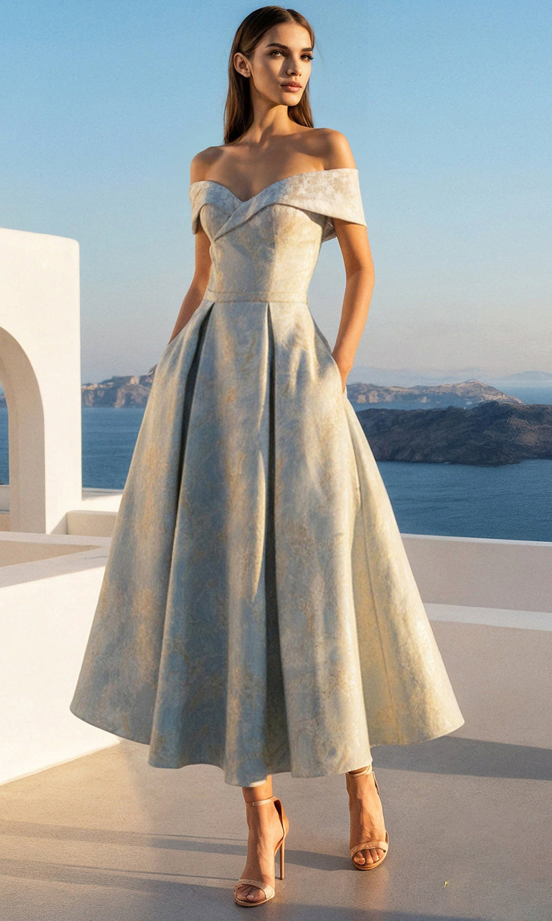 Terani Couture 261C6515 Tea-Length Pleated Jacquard Dress
