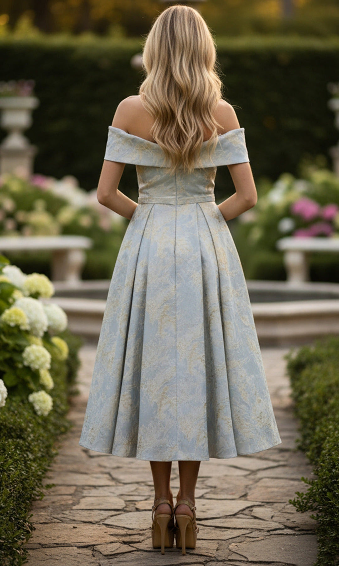 Terani Couture 261C6515 Tea-Length Pleated Jacquard Dress
