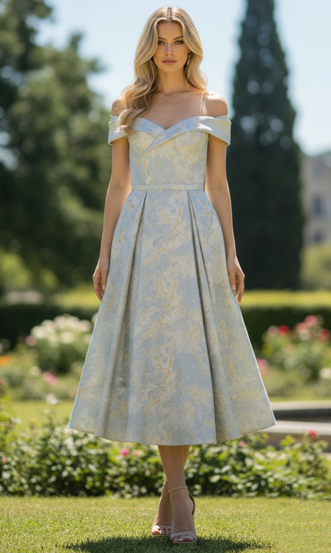 Terani Couture 261C6515 Tea-Length Pleated Jacquard Dress
