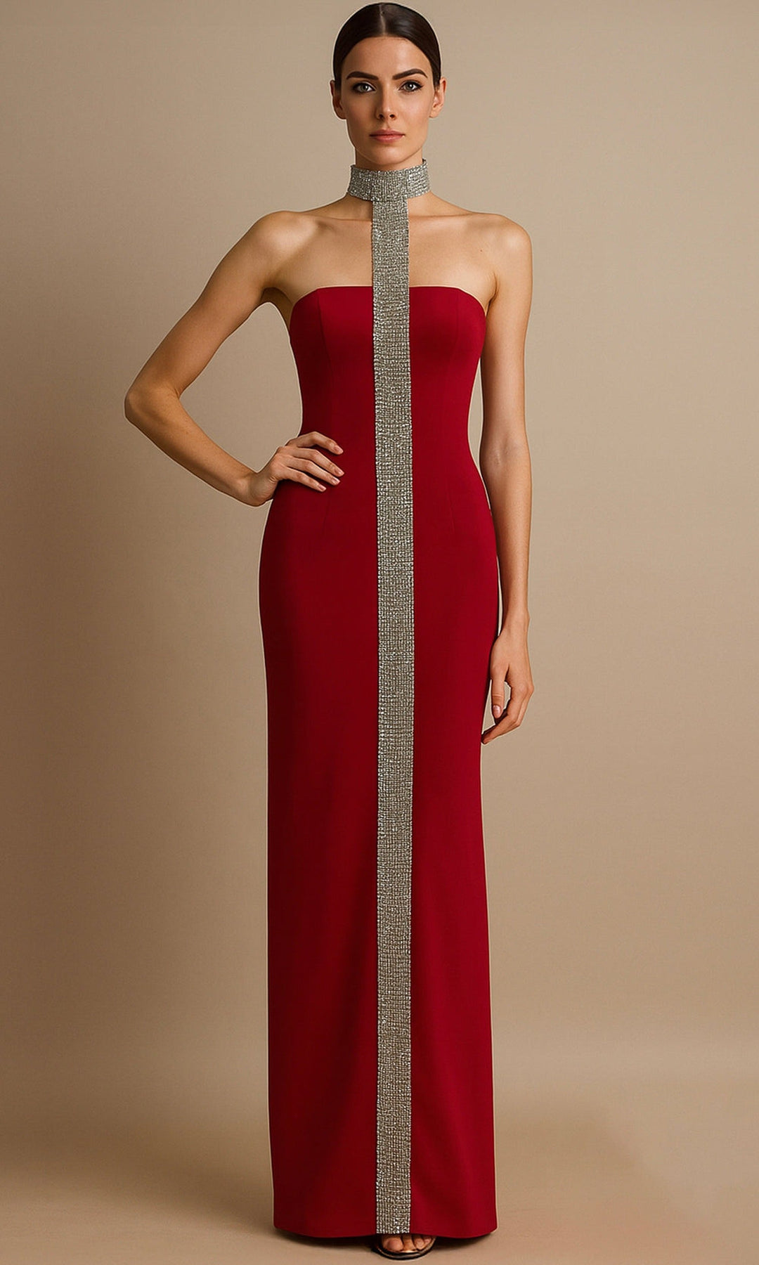 Terani Couture 261E6119 Crystal Strip Back Slit Evening Dress