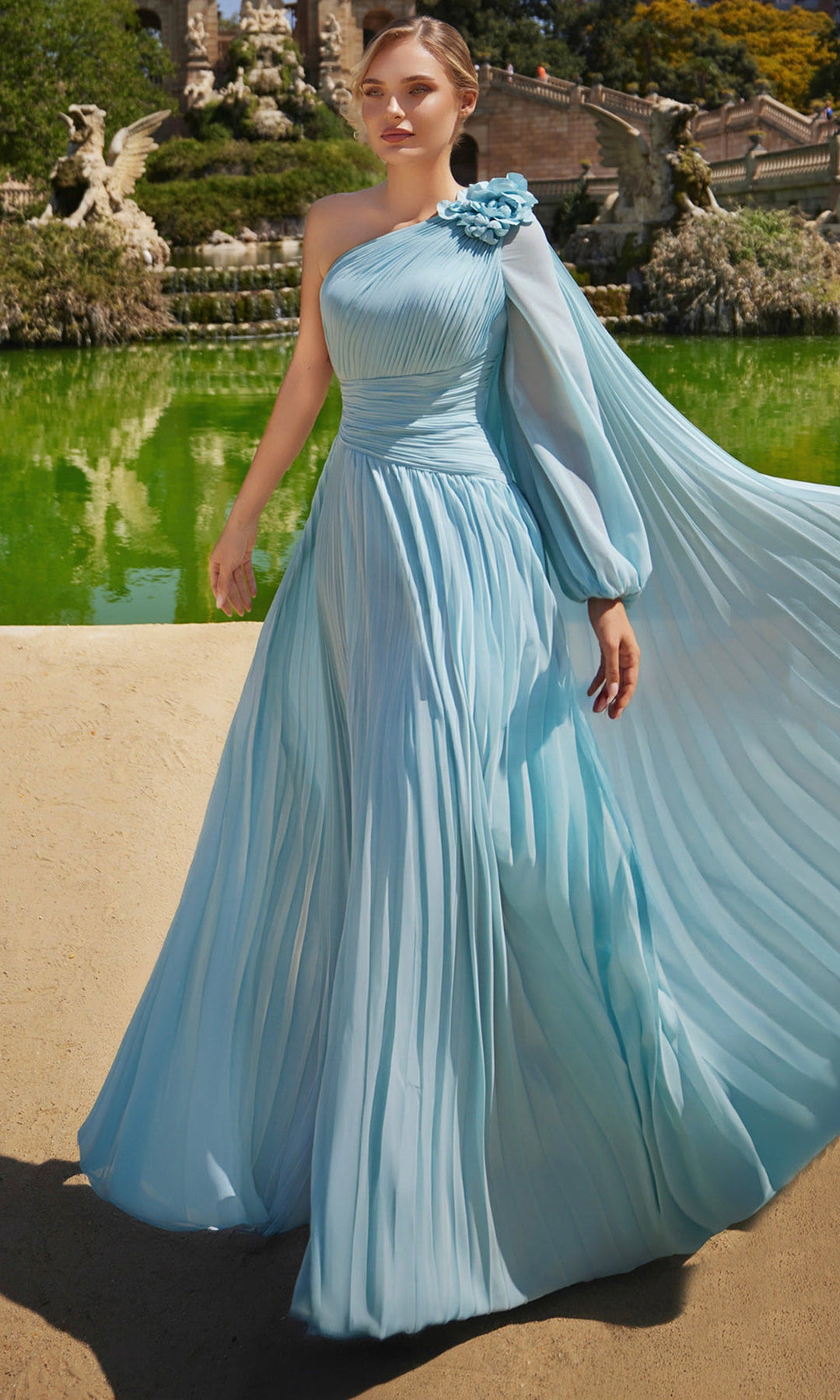 Terani Couture 261E6206 Floral Accent Pleated Asymmetric Evening Dress