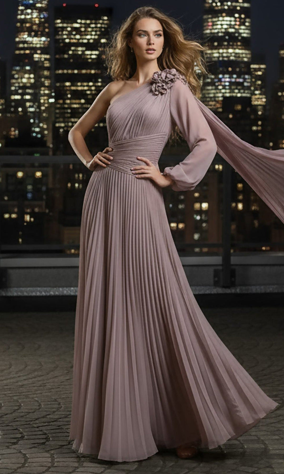 Terani Couture 261E6206 Floral Accent Pleated Asymmetric Evening Dress