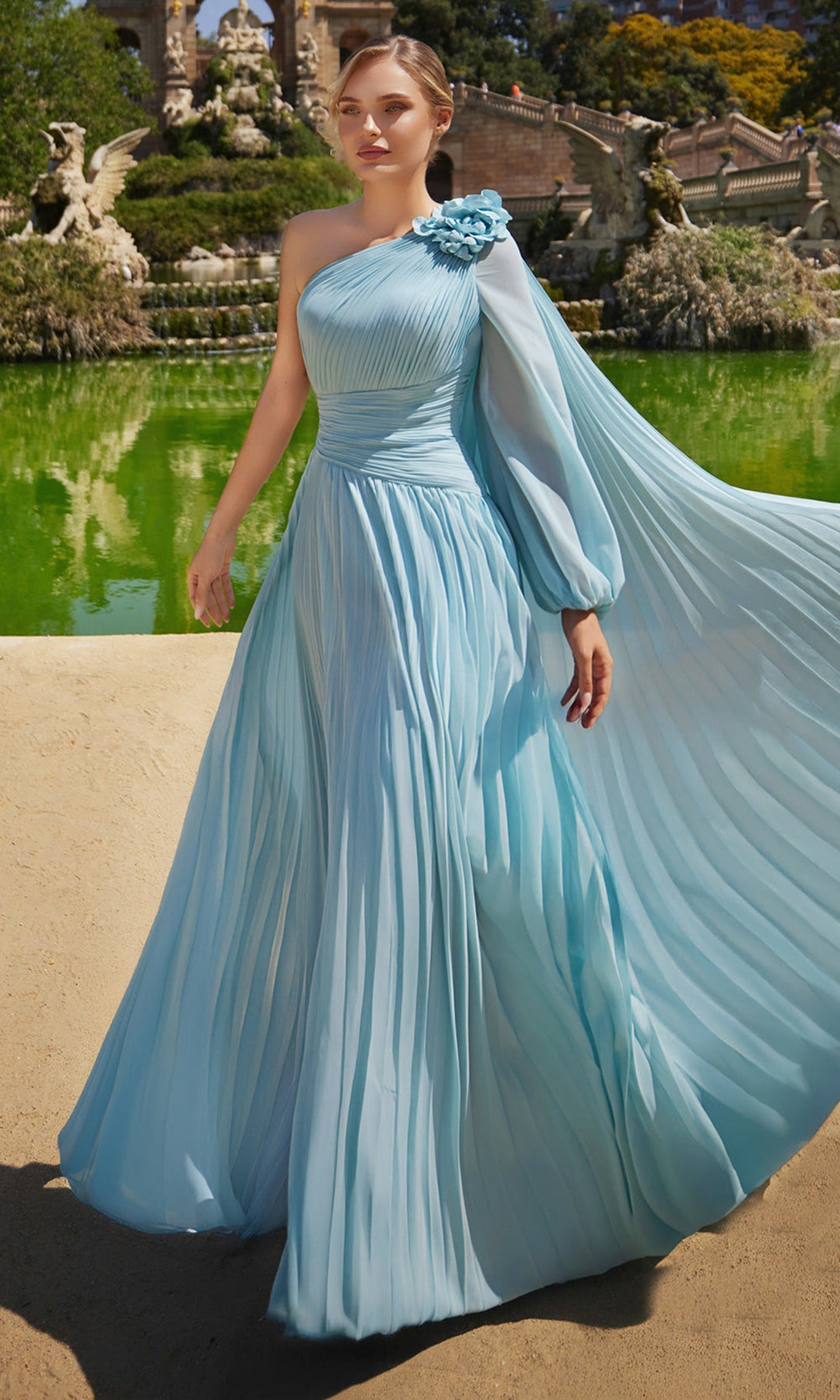 Terani Couture 261E6206 Floral Accent Pleated Asymmetric Evening Dress