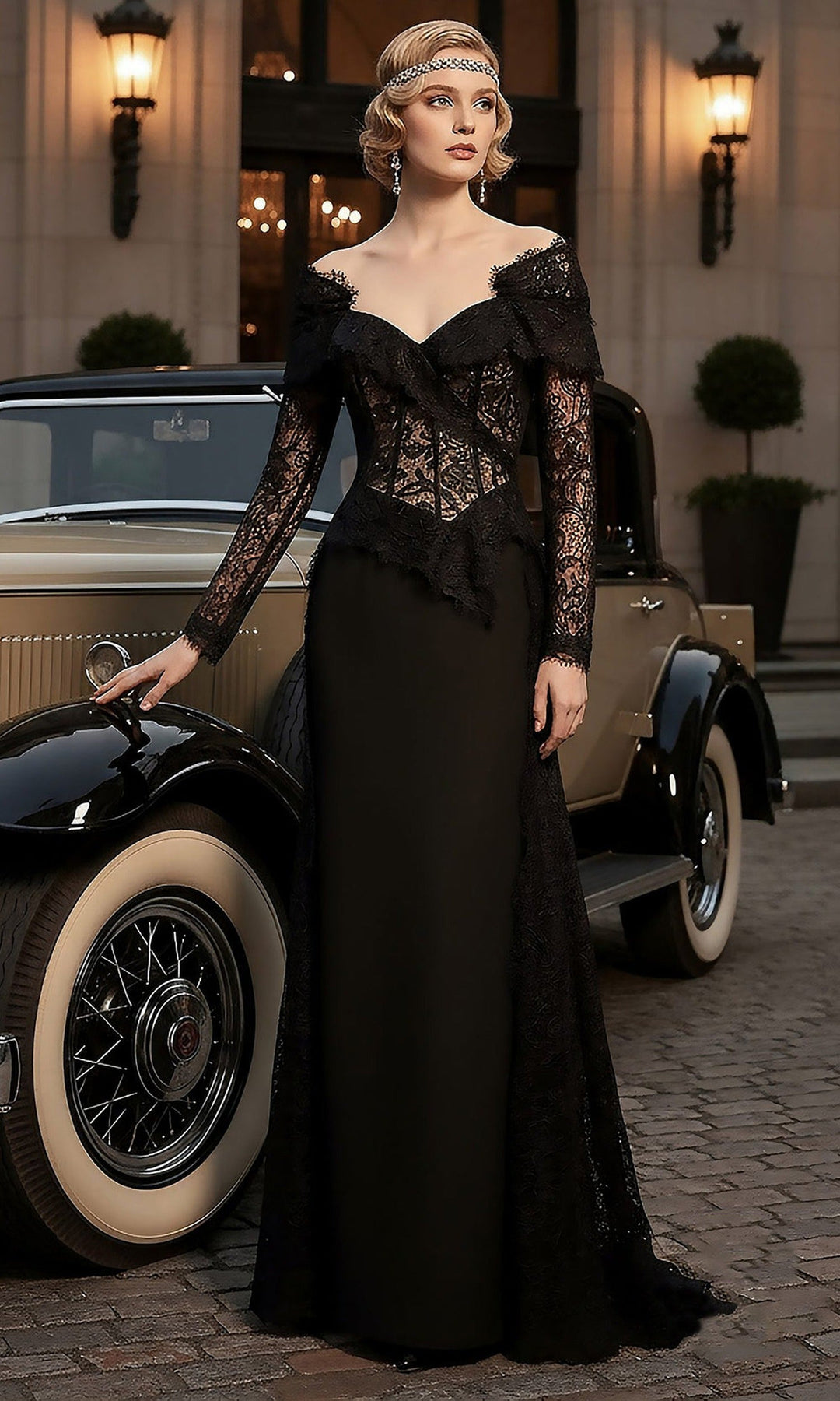 Terani Couture 261E6208 Lace Bodice Long Sleeve Gown with Overskirt