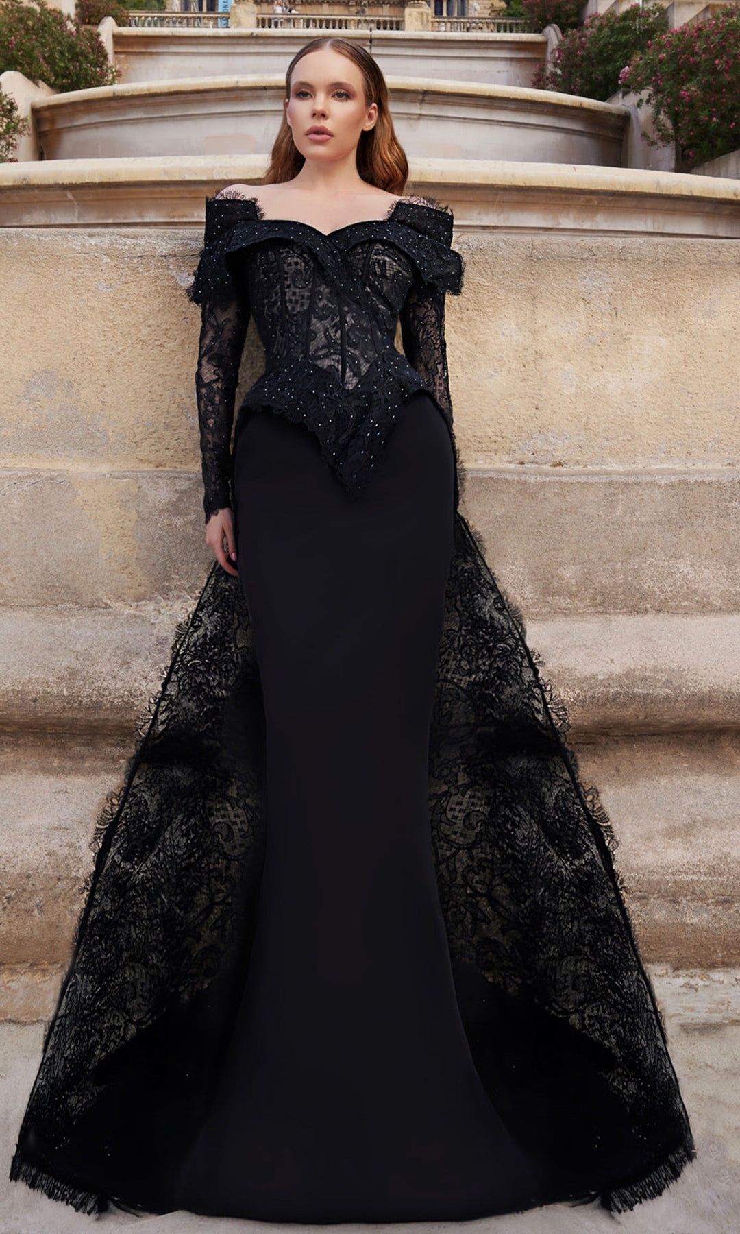 Terani Couture 261E6208 Lace Bodice Long Sleeve Gown with Overskirt