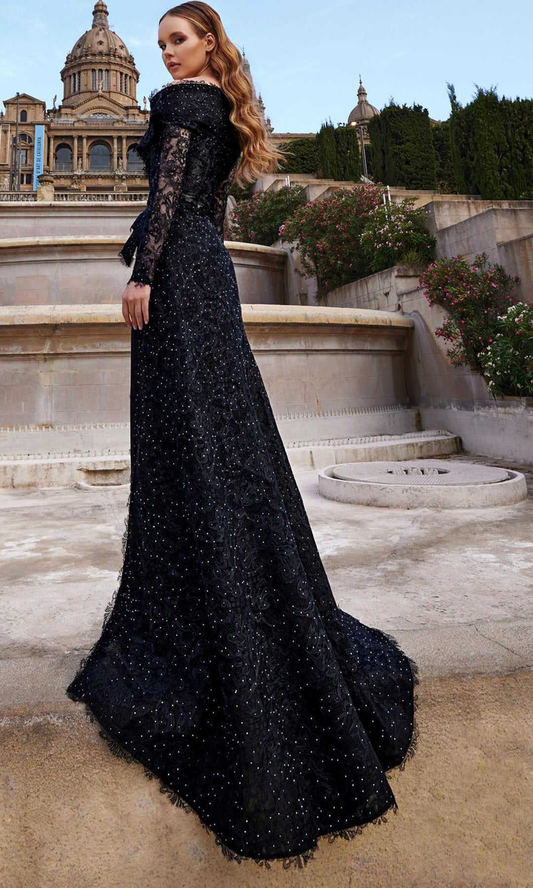 Terani Couture 261E6208 Lace Bodice Long Sleeve Gown with Overskirt