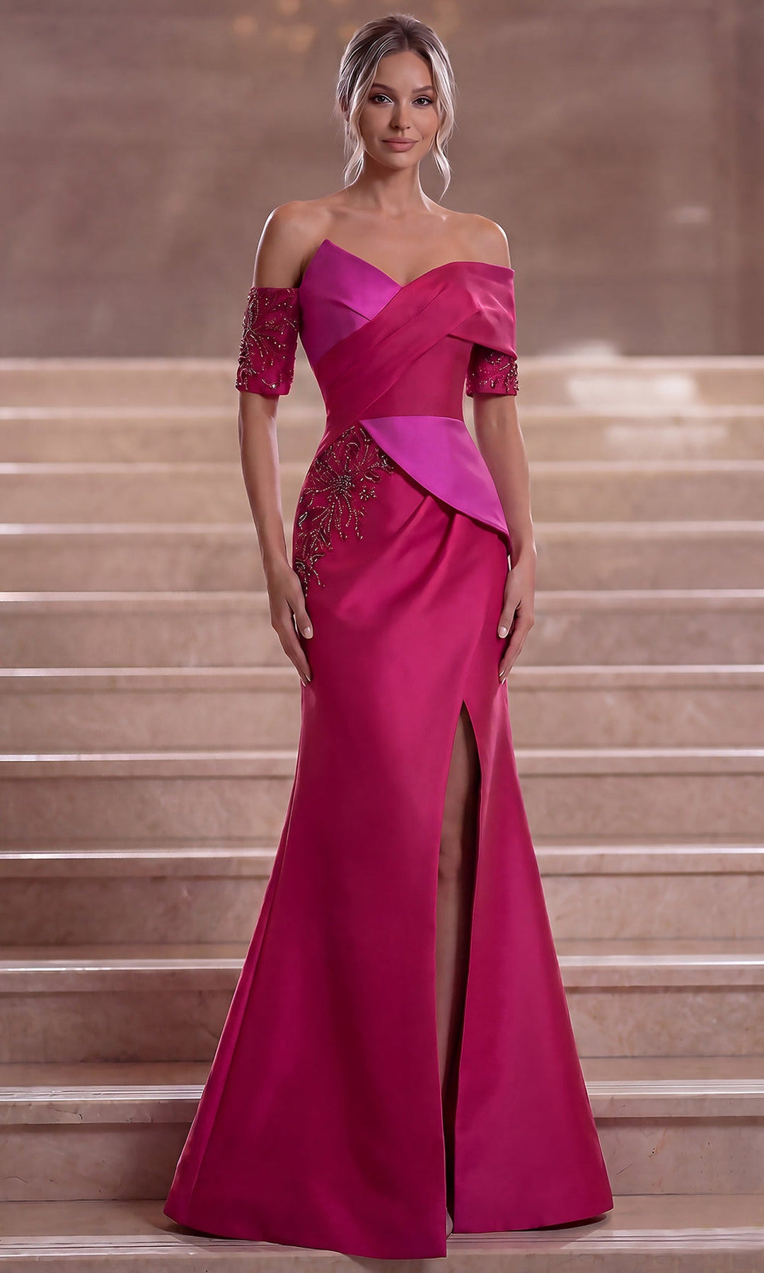 Terani Couture 261E6210 - Asymmetrical Off Shoulder Mikado Long Gown