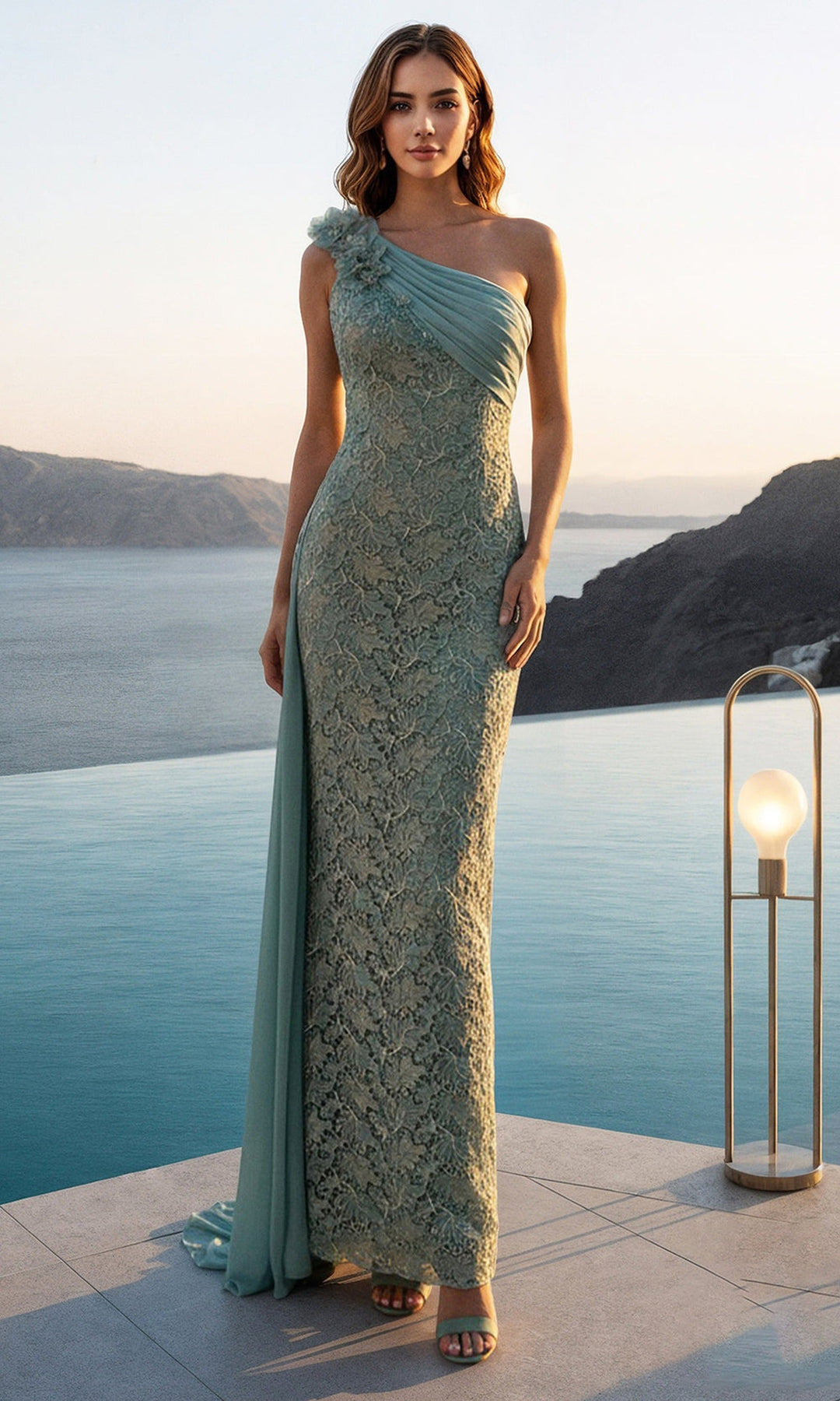 Terani Couture 261E6257 Allover Lace Asymmetric Evening Dress