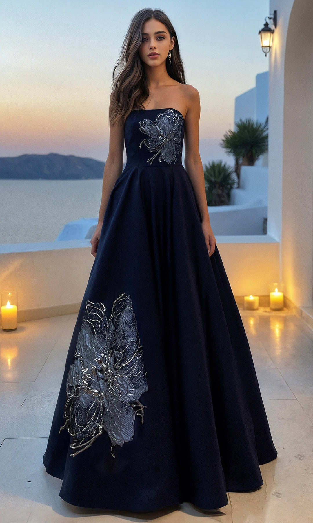Terani Couture 261E6544 Straight Neckline Embroidered Long Dress