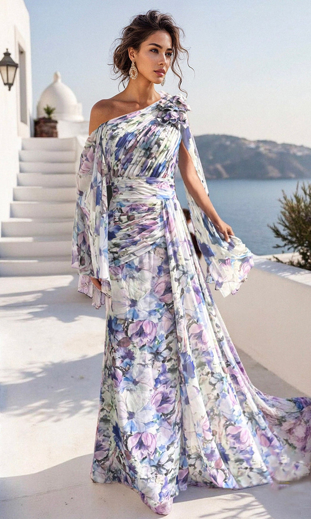 Terani Couture 261E6644 Flutter Sleeve Printed Chiffon Dress