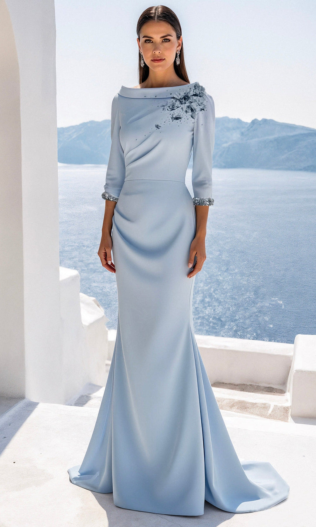 Terani Couture 261E6701 Three-Quarter Sleeve Crepe Evening Dress