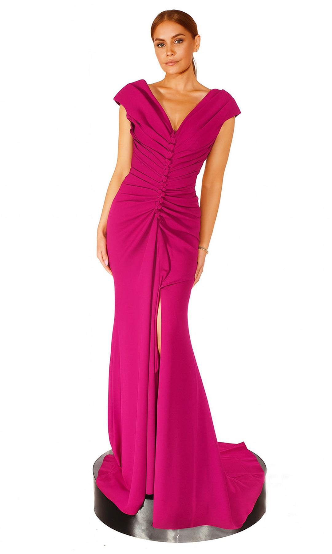 Terani Couture 261E6721 Cap Sleeve Ruched Ornate Dress