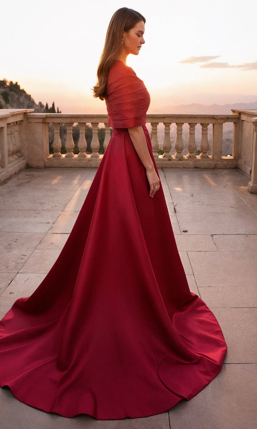 Terani Couture 261M6415 Straight Neckline Satin Dress with Shawl