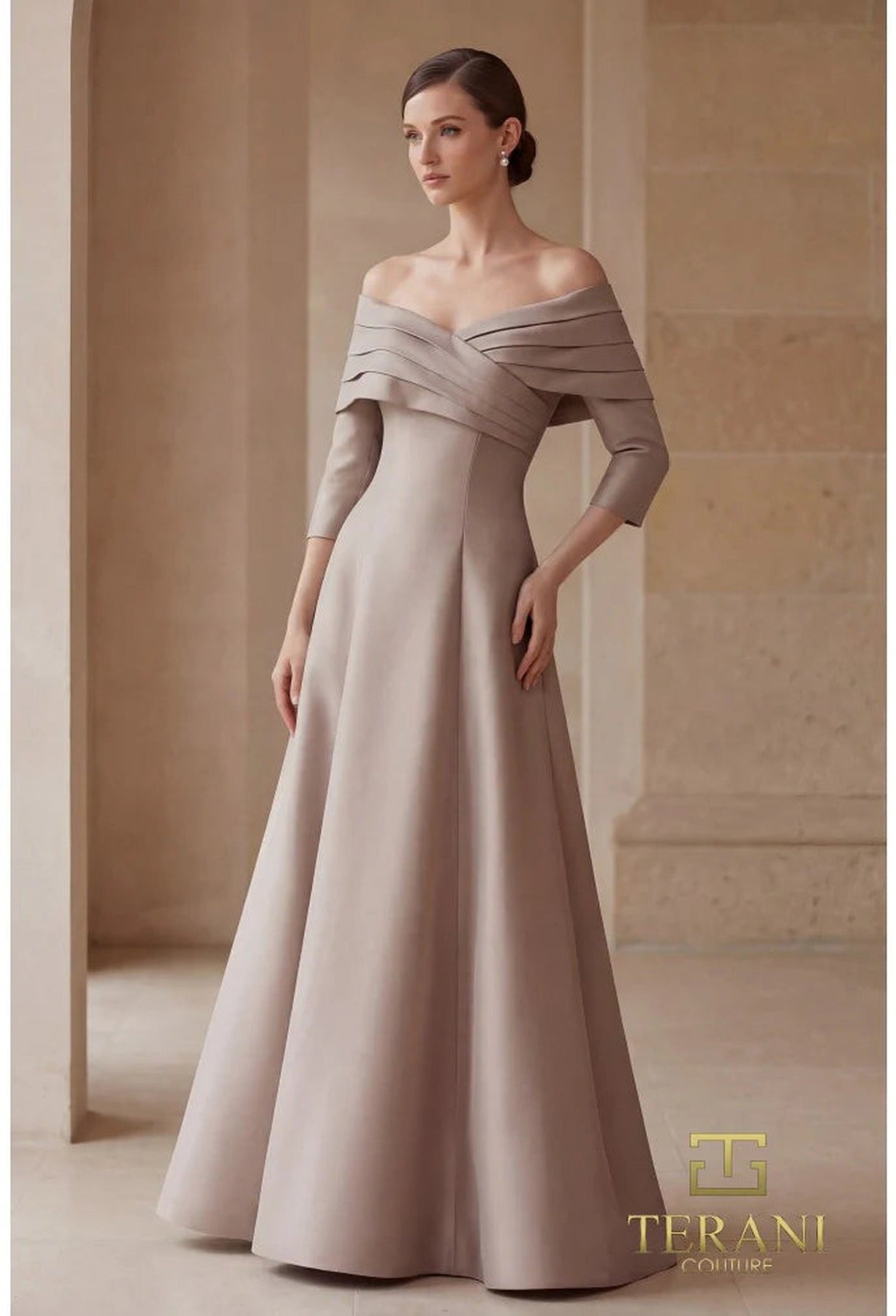 Terani Couture 261M6434 Three-Quarter Sleeve Pleated A-Line Dress